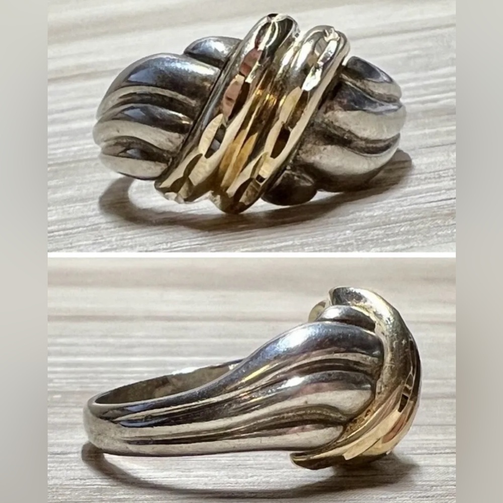 Designer Michael Anthony Sterling Silver & 14K Gold Diamond Cut Band Ring,Size 6 - Picture 1 of 10